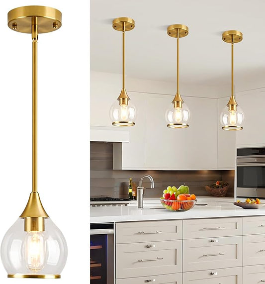 1-Piece Gold Island Light for Kitchen, 1-Light Brushed Gold Hanging Pendant Light with Clear Round Glass Shade for Dining Room,Bedroom