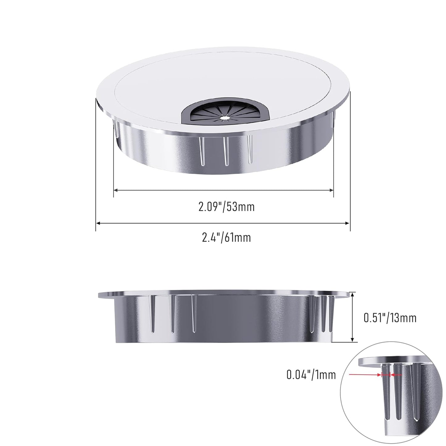 Desk Grommet 2-1/8 Inch 53mm, Zinc Alloy Computer Desk Wire Hole Cover, Office Desktop Cord Cable Hole Metal Ring, Bright Silver