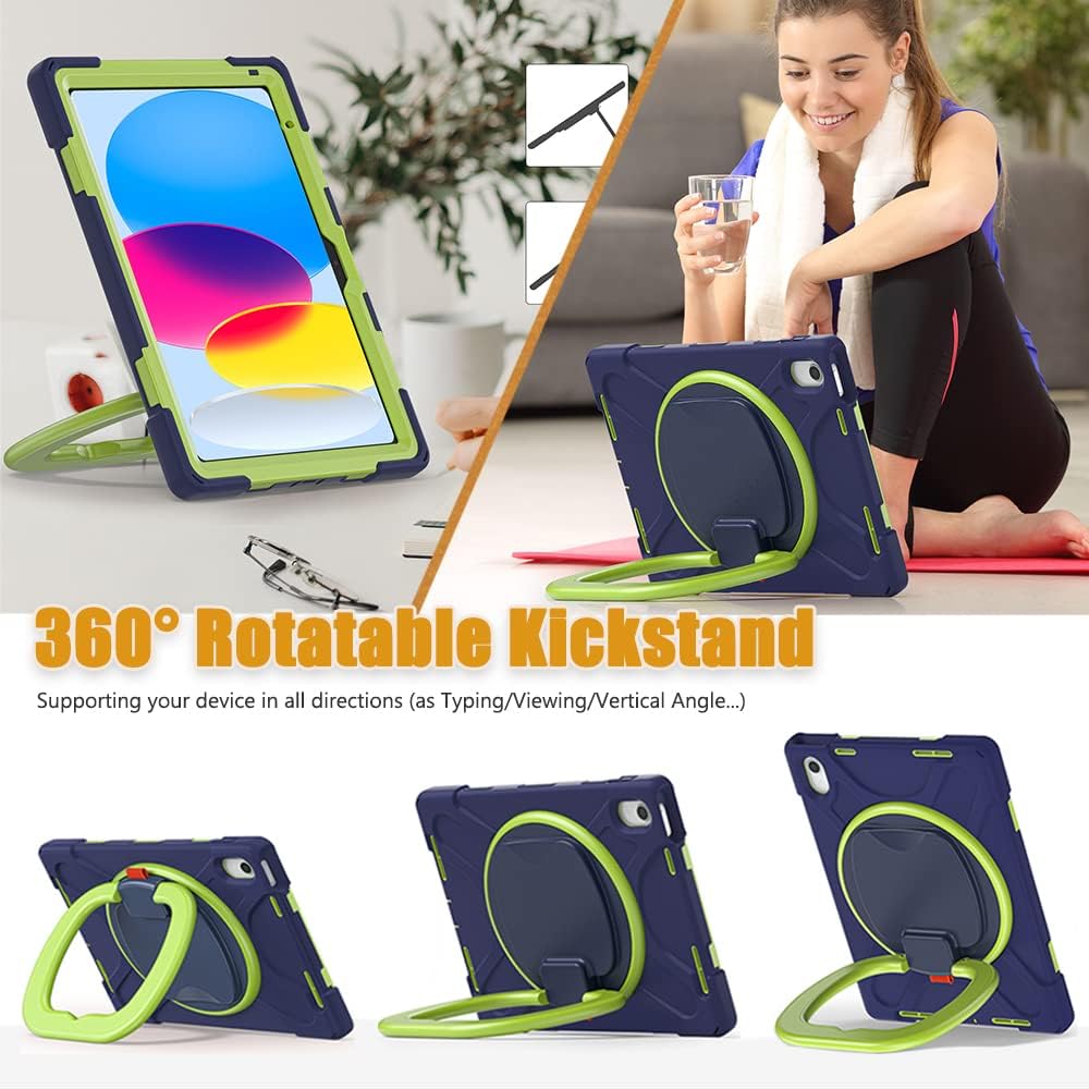 SCSVPN Case for iPad (A16) 11th Generation 11-inch 2025/10th Generation 10.9 Inch 2022, Full Body Shockproof Protective Cover with Pencil Holder, Rotating Stand & Handle, Shoulder Strap - Navy Green