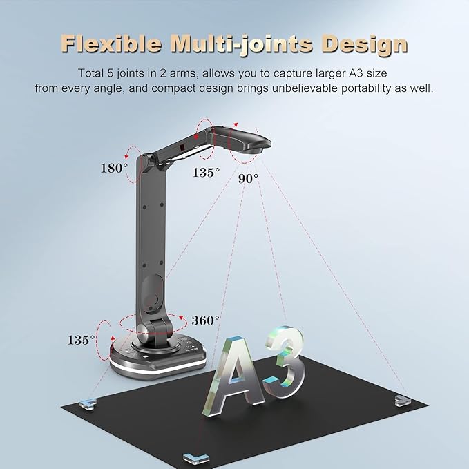JOYUSING 4K,13MP Document Camera for Teacher, A3 Size, Auto Focus, LED Light, OCR for Windows, Perfect for Distance Learning and Web Conferencing Compatible with Windows, MAC, Chromebook