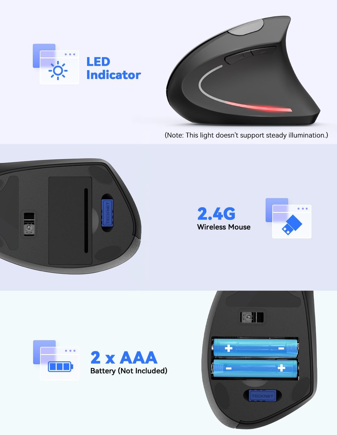 TECKNET 2.4G Ergonomic Mouse Vertical Wireless - 4800 DPI Optical Carpal Tunnel Mouse Right Hand, 5 Adjustable DPI, Quiet Clicks, 6 Buttons for Laptop, Desktop, PC, Computer - Black
