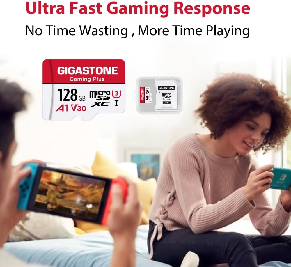 [Gigastone] 128GB Micro SD Card, Gaming Plus, MicroSDXC Memory Card for Nintendo-Switch 1, Wyze, GoPro, Dash Cam, Security Camera, 4K Video Recording, UHS-I A1 U3 V30 C10, up to 100MB/s, with Adapter