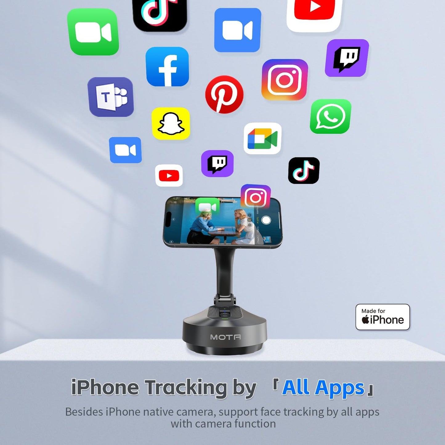 MOTA Tripod Stand Only for iPhone, 2 Axis Foldable iPhone Gimbal Stabilizer for Video Recording Megnetic Holder for Desk, 360 Degree Auto Face Tracking Cell Phone Tripod for Video and Facetime
