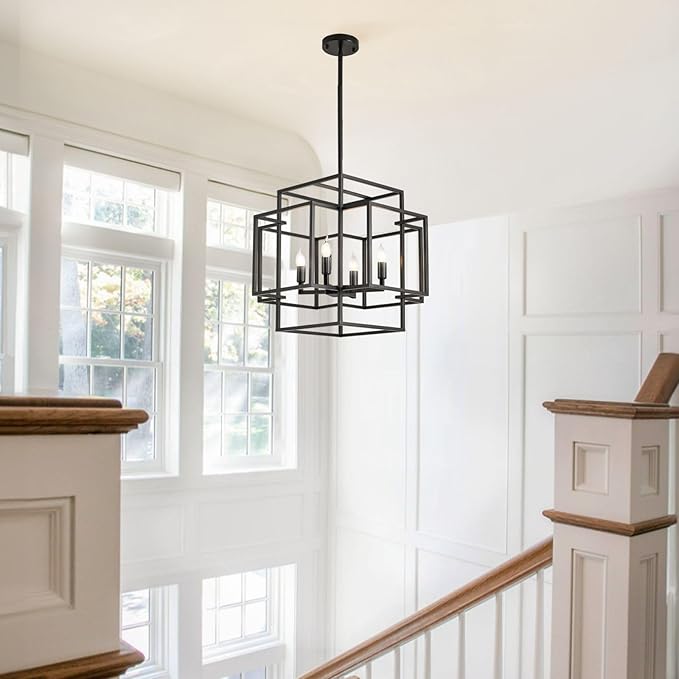 WJShome 16.5" Black Chandelier, 4-Light Farmhouse Foyer Lighting Fixtures, Modern Industrial Ceiling Lantern Pendant Light Large Chandeliers for High Ceilings, for Dining Room, Entryway, Staircase