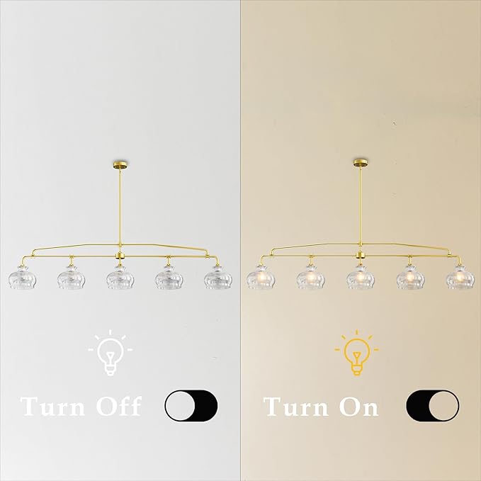 Industrial Modern 5 Light Chandelier Gold Rustic Linear Pendant Light Minimalist Country Luxury Chandeliers Adjustable Height with Glass Lampshade for Dining Room Island Living Room Foyer (5 Light)