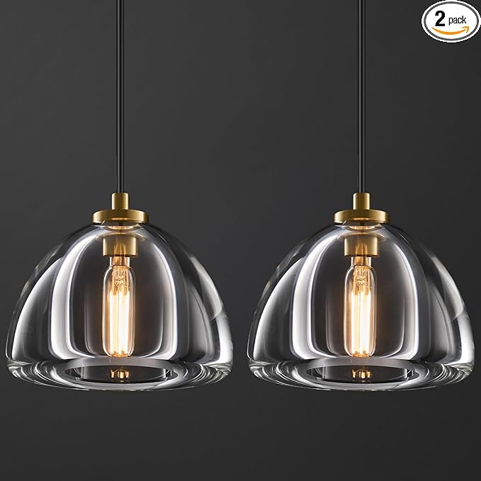 Crystal Pendant Light Kitchen Island: 2 Pack Luxury Brass Hanging Lights - 7" Dimmable Modern Crystals Lighting Fixture over Dining Table - Adjustable Gold Pendants Light for Bathroom Bulbs Included