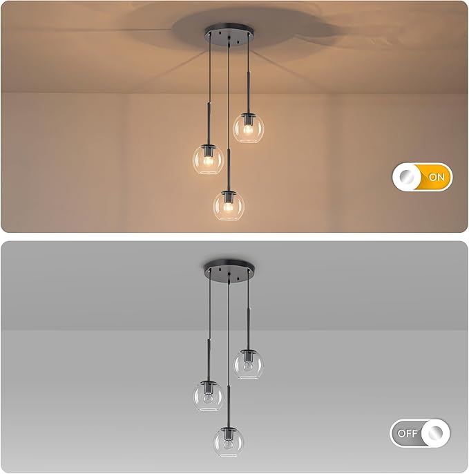 3-Light Black Modern Cluster Pendant Light, Adjustable Height Glass Globe Hanging Chandelier, E26 Base Ceiling Light Fixture for Kitchen Island Dining Room Living Room