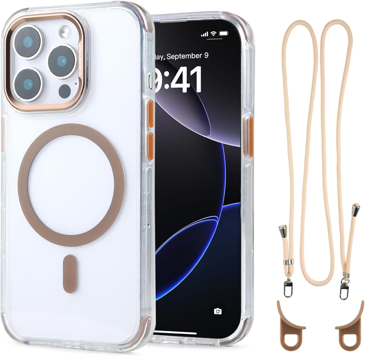 for iPhone 14 Pro Max Case with 62.99 inch Lanyard, Compatible with MagSafe, Shockproof Military-Grade Protection, Yellowing Resistant, Adjustable Strap Magnetic Cover, Classic Clear&Brown