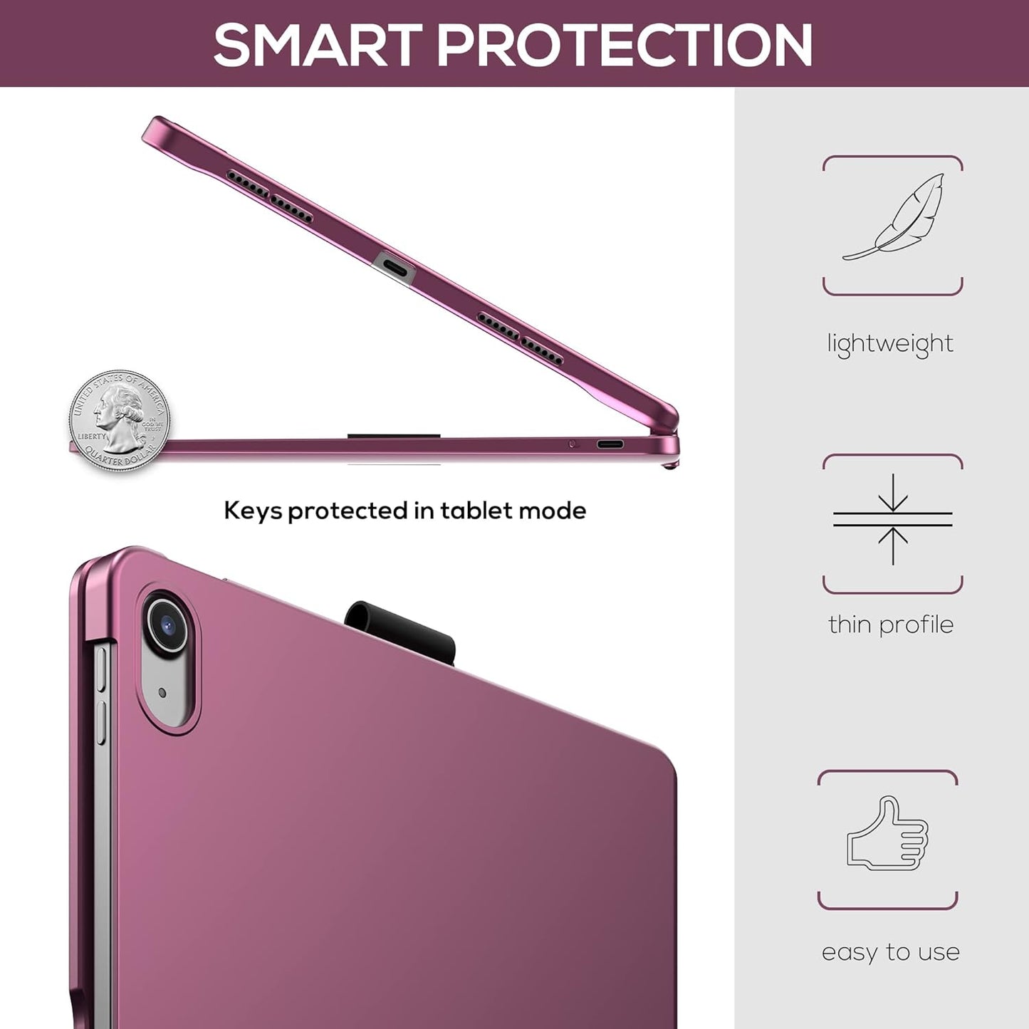 typecase Touch iPad 10th Generation Case with Keyboard (10.9", 2022), Multi-Touch Trackpad, 10 Color Backlight, 360° Rotatable, Thin & Light for Apple iPad 10th Gen 10.9 (Raspberry)