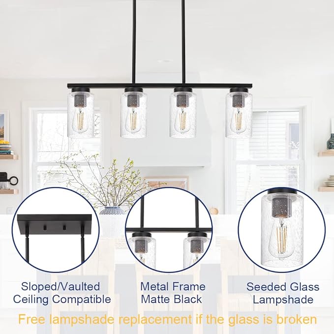 TODOLUZ Black Kitchen Island Light with Seeded Glass Shade, 4-Lights Farmhouse Chandelier Ceiling Pendant Lighting Fixture for Dining Room