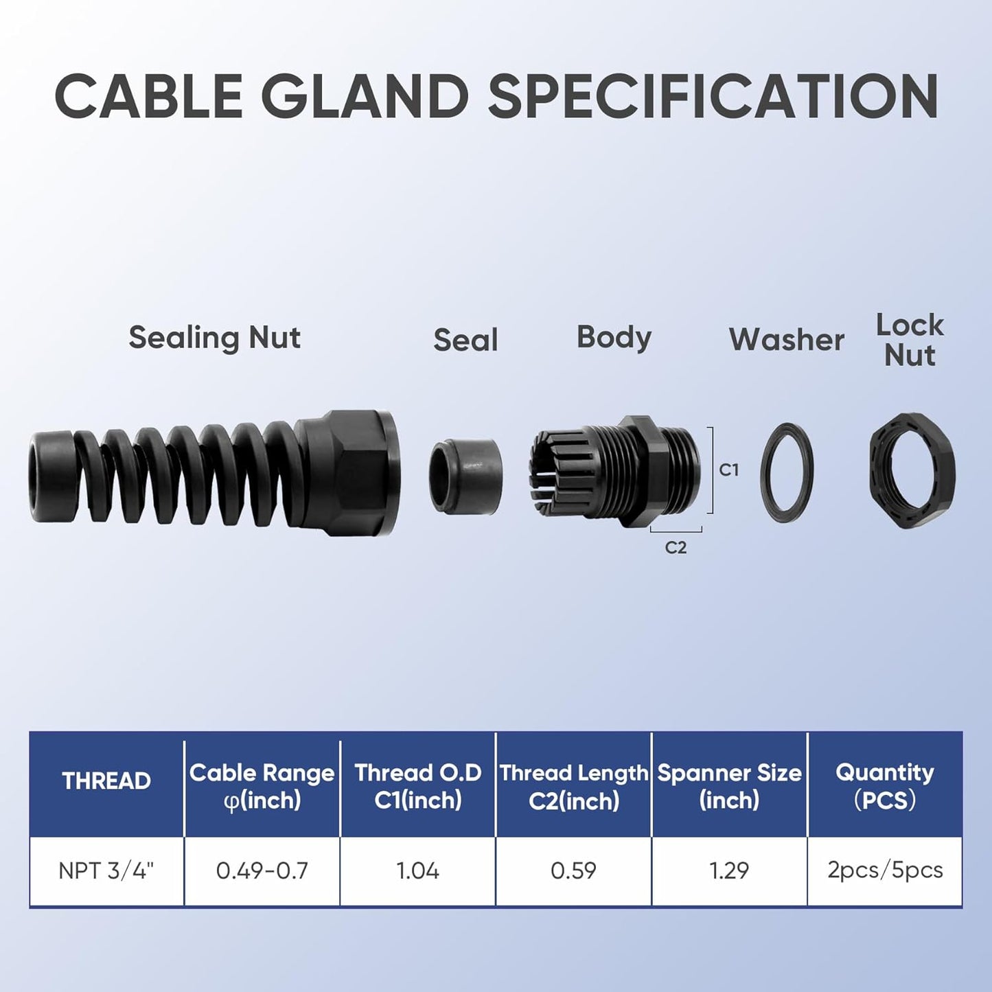 Strain Relief Cord Connector,LISTENJIALE 5Pcs NPT 3/4" Waterproof Cable Gland Flex Spiral Strain Relief Adjustable 12.5-18mm Cable Connector Nylon Joint with Gaskets(Black)
