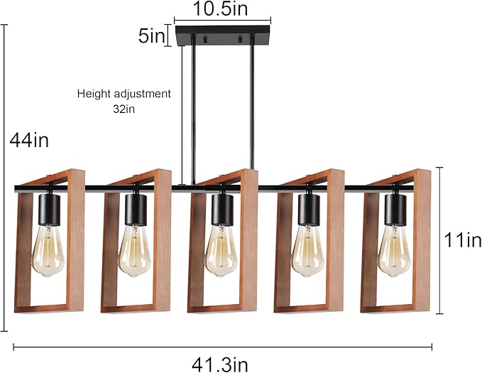 5-Light Island Lights for Kitchen, Rectangular Wood and Black Metal Kitchen Island Chandelier 41.3" Adjustable Rustic Modern Dining Room Light Fixtures Over Table, Chandeliers for Dining Room