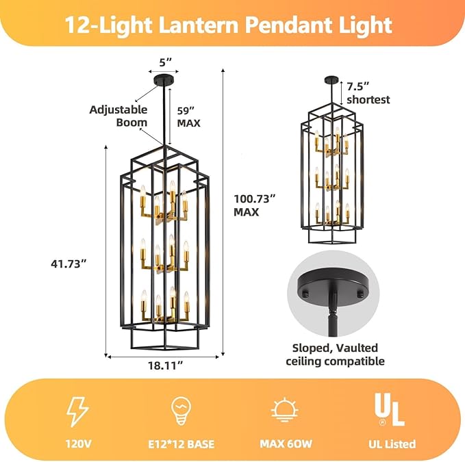 Black and Gold Chandelier, 12-Light Lantern Tiered Pendant Light Fixtures, Large Foyer Chandeliers for High Ceilings, Farmhouse Chandelier for Entryway, Modern Metal Pendant Lights for Staircase