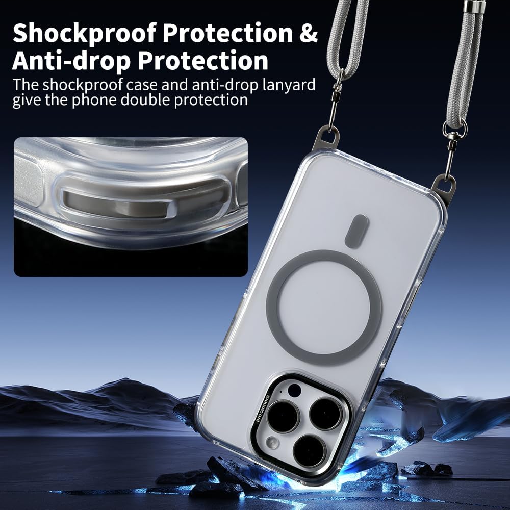 for iPhone 16 Pro Max Case with 62.99 inch Lanyard, Classic Clear&Gray Magnetic Phone Case, Drop&Shockproof Protection Cases, Phone Holder Lanyard, Compatible with Magnet Accessory