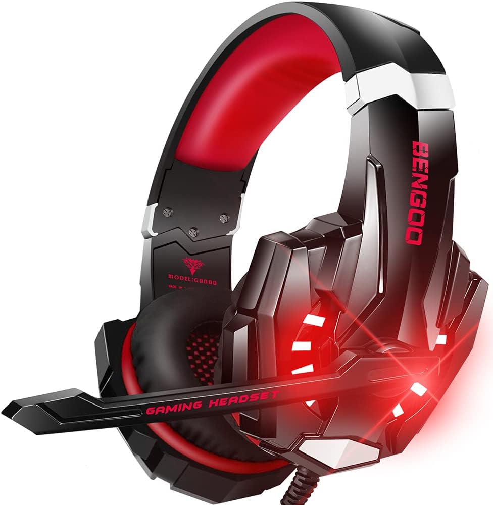 BENGOO Stereo Pro Gaming Headset for PS4, PC, Xbox One Controller, Noise Cancelling Over Ear Headphones with Mic, LED Light, Bass Surround, Soft Memory Earmuffs for Laptop Mac Wii Accessory Kits