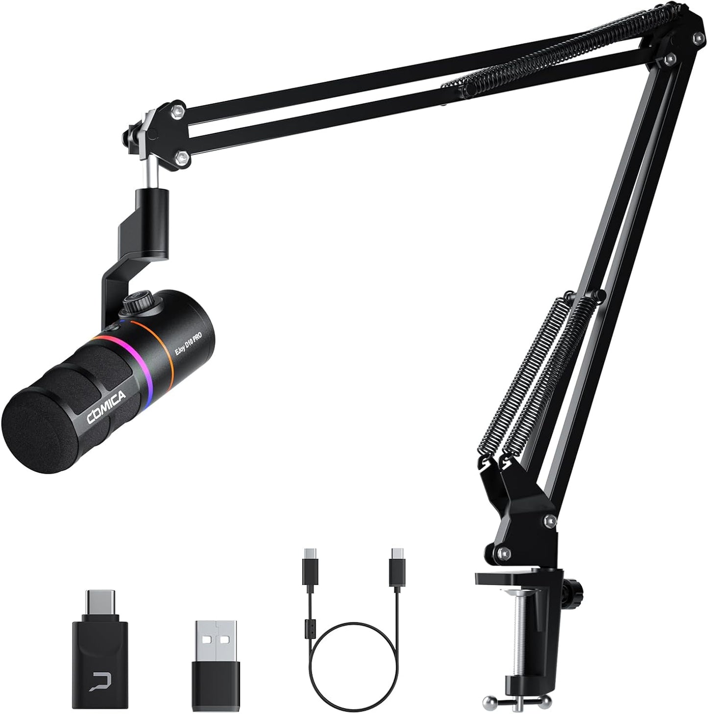 EJoy D10 PRO(A) USB Wireless Gaming Microphone – Boom Arm Mic with Wired/Wireless Modes, XLR/USB-C, Real-Time Monitoring, 45H Battery, RGB Dynamic Mic for Gaming, Streaming, Podcast, Recording (Black)