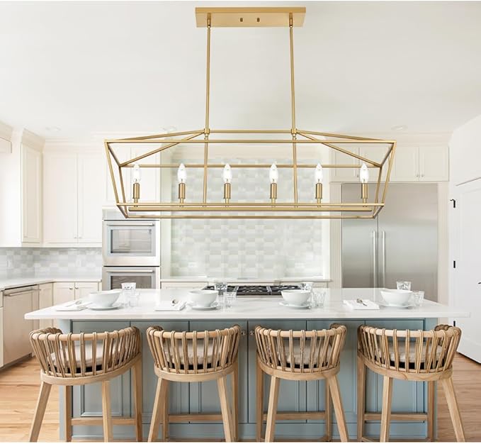6-Light Kitchen Island Lighting, Gold Linear Chandelier Dining Room Over Table, Rectangle Pendant Light Fixtures Golden Finish for Living Room