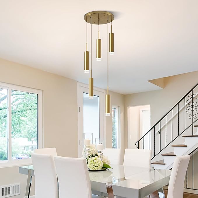 KCO Lighting 5 Lights Cluster Pendant Lighting Cylinder Gold Pendant Light Mid Century Modern Hanging Ceiling Light Fixture for Living Room Kitchen Island Hallway