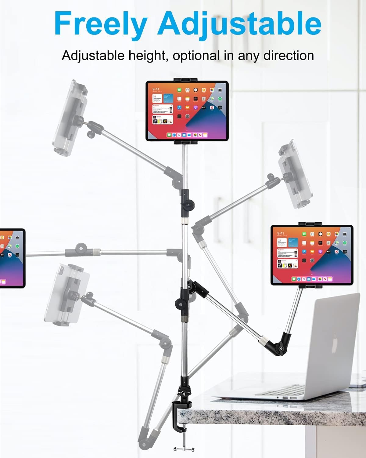 woleyi Adjustable Tablet Mount Holder, 35" Desk/Bed Clamp Phone iPad Stand with Foldable 360° Swivel Arm for iPad Pro 12.9 Air Mini, iPhone, Galaxy Tabs, Nintendo Switch, 4-13" Cell Phones and Tablets