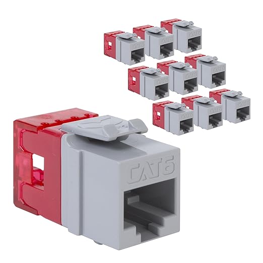 ICC CAT6 Keystone Jack with Slim Profile 180 Degree Punch Down, RJ45 UL Listed PoE++ TAA Compliant for Wall Plate or Patch Panel, Works with JackEasy Termination Tool, Gray 10 Pack