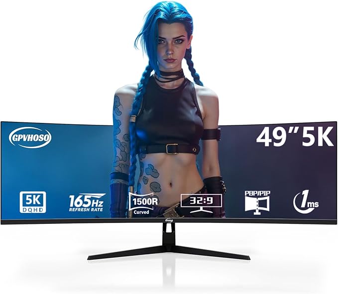 49 Inch Curved Ultrawide Gaming Monitor, 5K Computer Monitor(5210x1440P), 165Hz, 1500R HDR10, 32:9, AMD FreeSync, 125% sRGB, Built-in Speakers, HDMI/DP VESA100*100mm