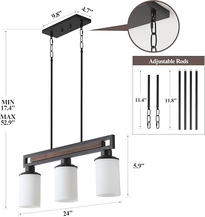 Farmhouse Dining Room Light Fixture, 3-Light Wood Kitchen Island Lighting for Dining Room Over Table, Black Adjustable Pendant Light with Milk Glass Shades, Linear Chandeliers Lighting for Kitchen