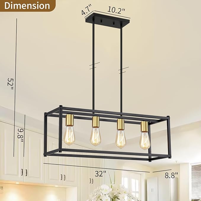 4-Light Dining Room Light Fixture,Black Farmhouse Kitchen Island Lighting,Rustic Pendant Light Over Table with Adjustable Rods,Modern Linear Chandeliers for Dining Room Kitchen Island