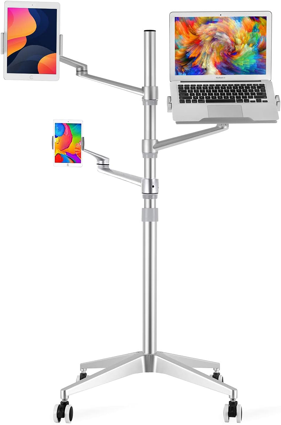 Triple arm Height Adjustable Stand Mount with Rolling Wheel for Laptop(11-17 inch) and Compatible with ipad iPad pro 12.9 inch/Tablet/Ereader