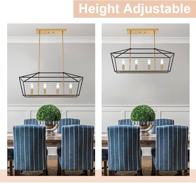 Kitchen Island Light 4-Light Linear Chandelier, Farmhouse Dining Room Pendant Lighting with Adjustable Height, Ceiling Lights Hanging Over Table