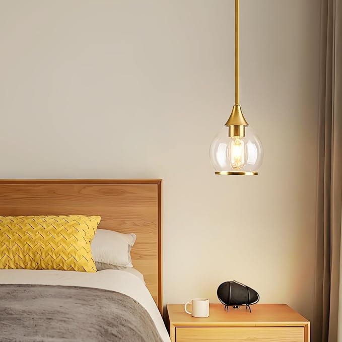 1-Piece Gold Island Light for Kitchen, 1-Light Brushed Gold Hanging Pendant Light with Clear Round Glass Shade for Dining Room,Bedroom