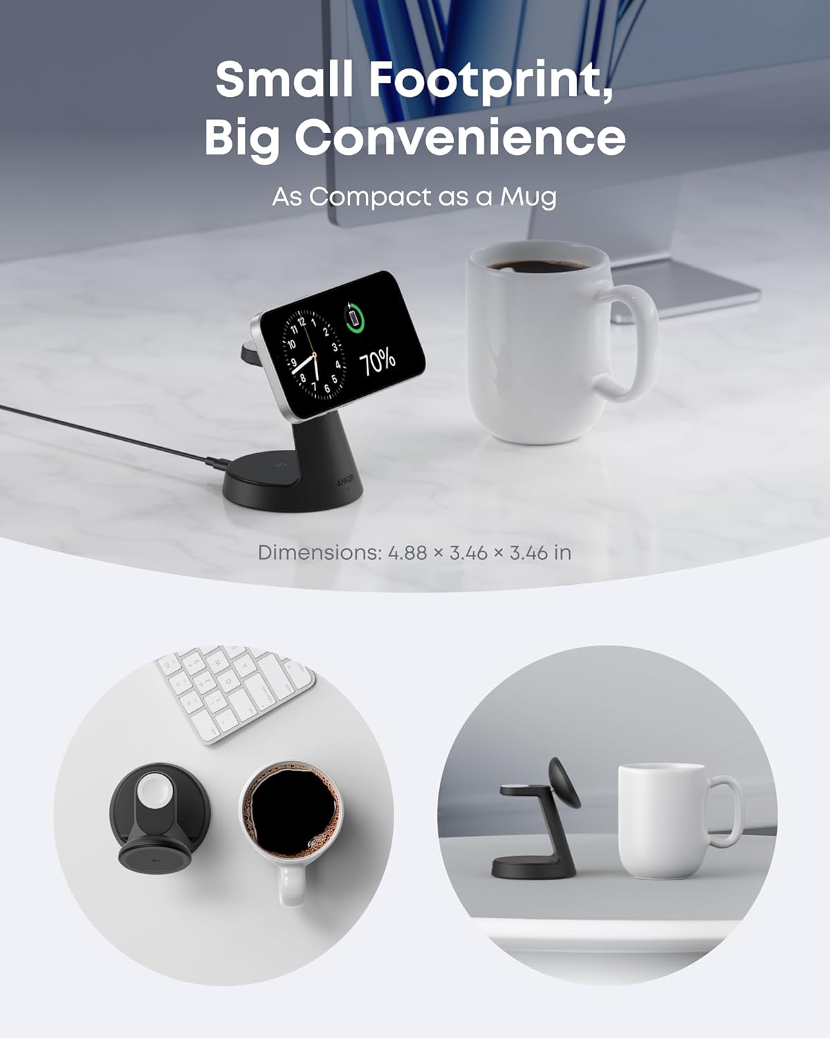 Anker MagSafe Charger Compatible, MagGo 3-in-1 Charging Station, Nano Charging Stand, Qi2 Certified 15W Magnetic Wireless Charger Dock Stand, For iPhone16/15/14, Apple Watch,AirPods (Adapter Included)