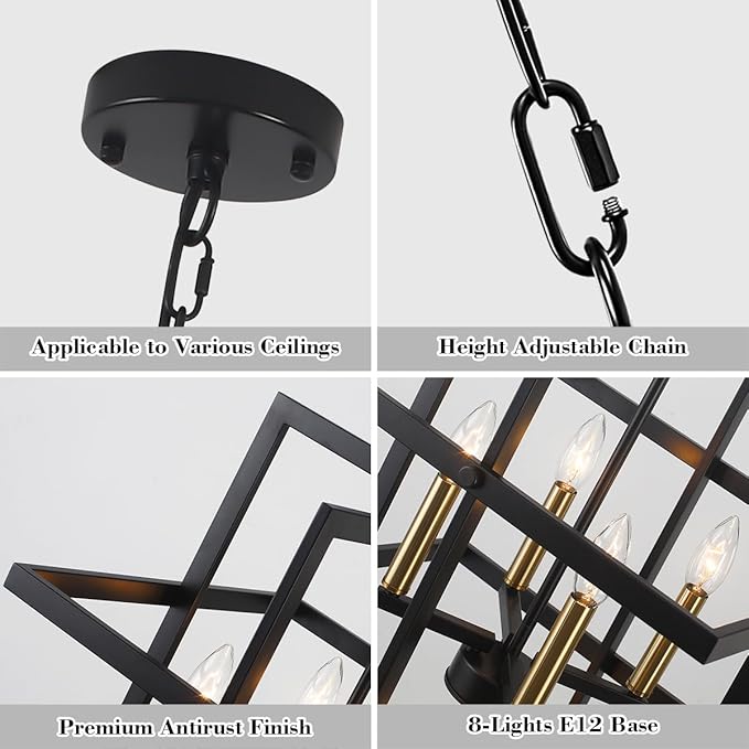 33.46" Large Black Chandelier for High Ceilings Tiered Pendant Light Fixtures Rectangular Farmhouse Chandelier for Foyer Entryway Staircase Living Room Kitchen Island 8 Lights