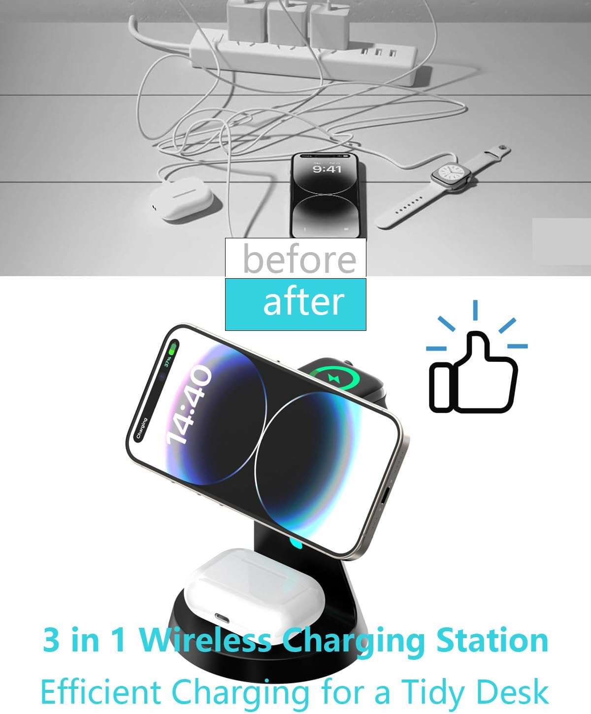 Wireless Charger Compatible with Mag-Safe,3 in 1 Charging Station for iPhone16/15/14/13/12 Series, Apple Watch,AirPods,15W Fast Charging (USB-C Adapter Included)