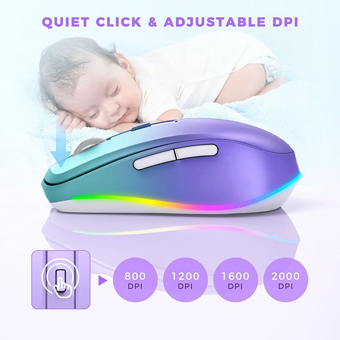 PEIOUS Wireless Mouse Jiggler - LED Wireless Mice with Build-in Mouse Jiggler Mover, Rechargeable Moving Mouse for Computer with Undetectable Random Movement Keeps Computer Awake - Gradient Purple
