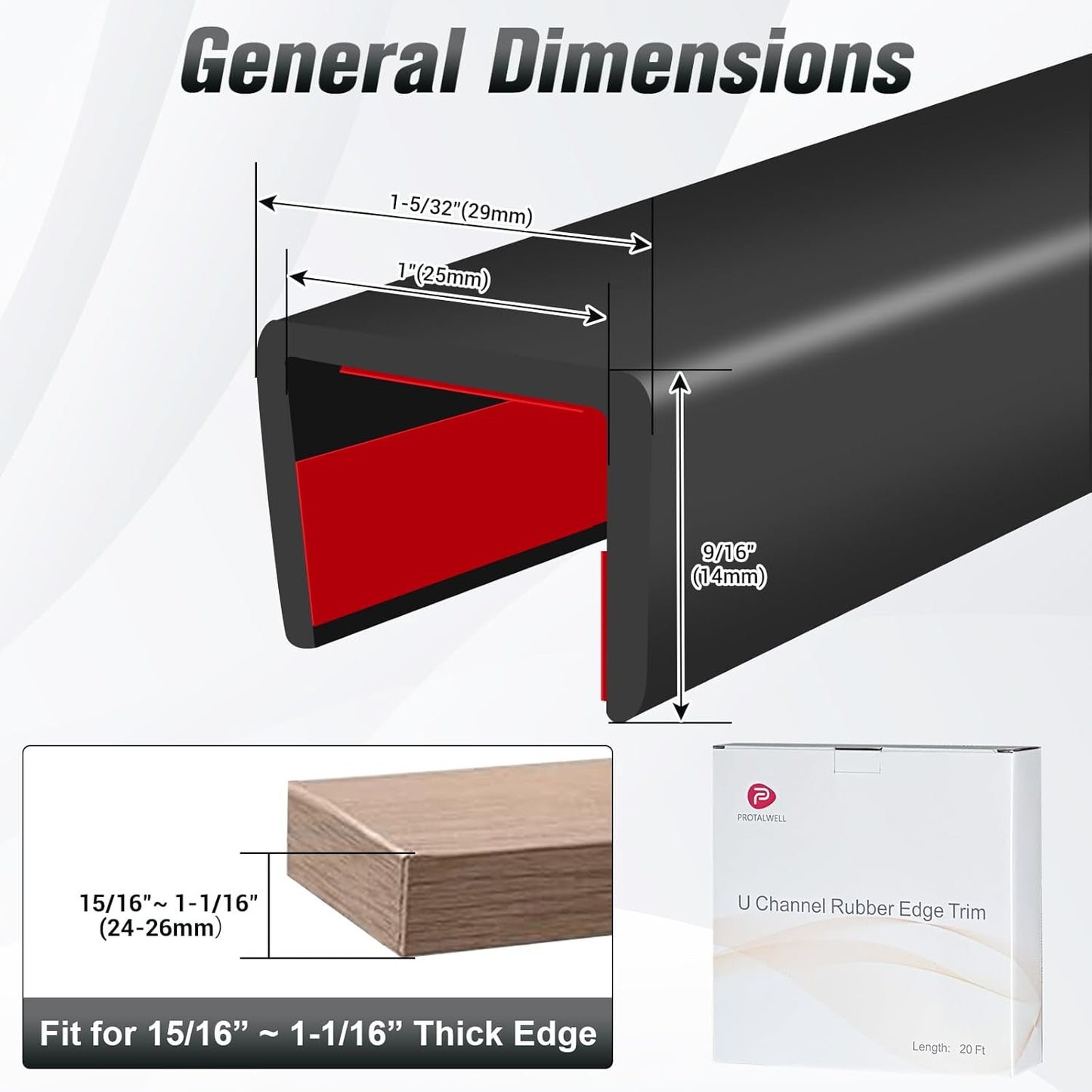Rubber Edge Trim, Self Adhesive U Channel Edge Trim, Big Size U Shaped Trim, Edge Banding for Plywood, Woods, Shelf, Cabinet, Countertop, Fit for 1", Length 20Ft, Black