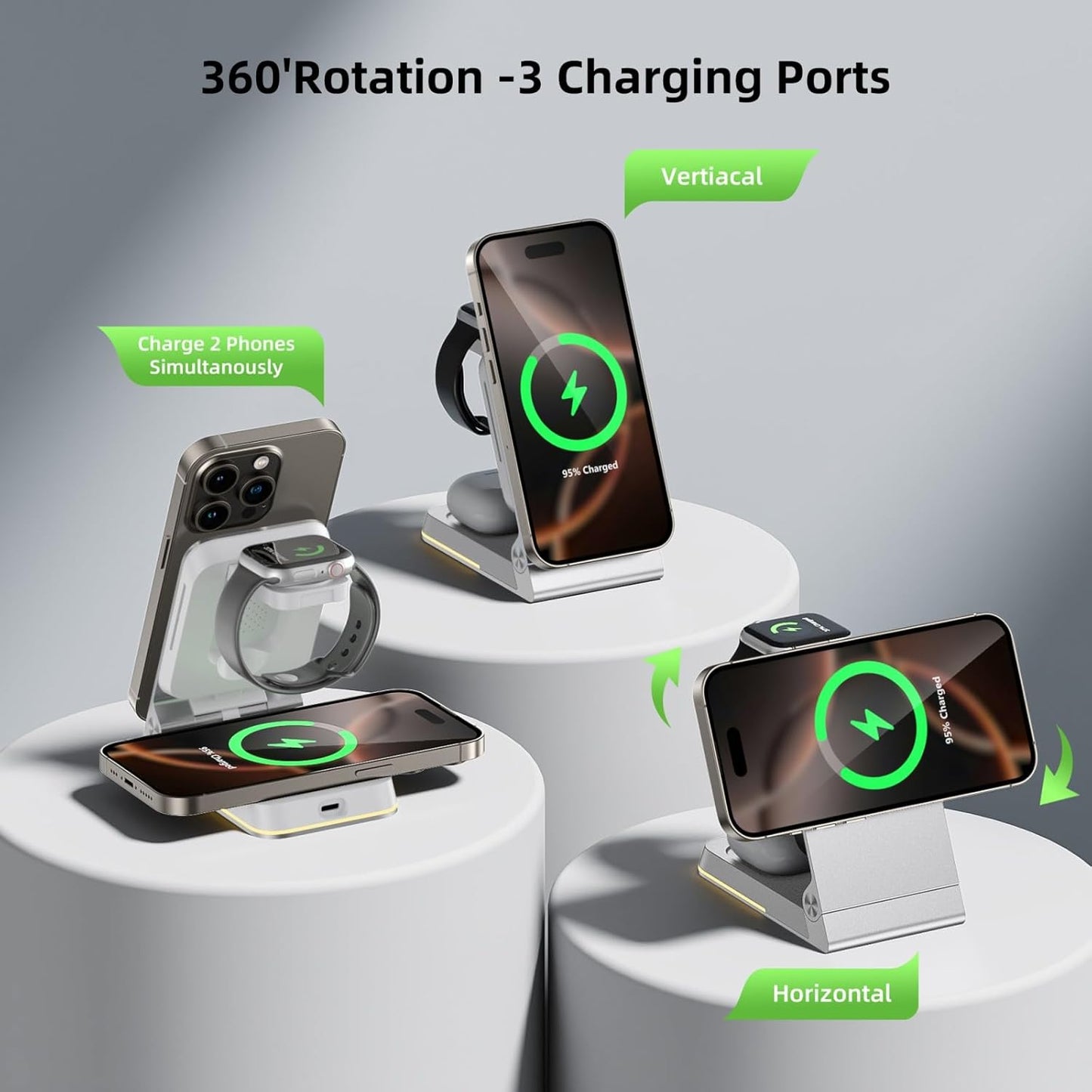 Aluminum 3 in 1 Wireless Charging Station,Foldable Wireless Charger for Apple Magsafe with Light,Portable Travel Magnetic Charger Stand for iPhone 16/15/14,Watch,Airpod, Include PD 20W Adapter & Case