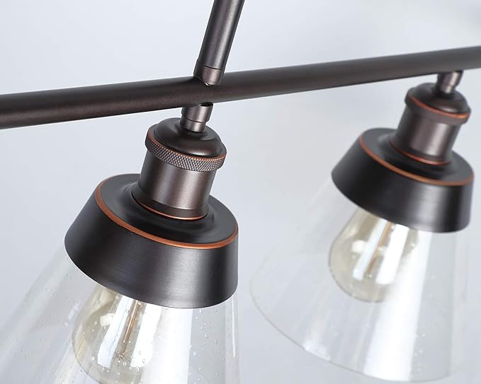 Rustic Glass Kitchen Island Lighting, Clear Seeded Glass Linear Chandelier, 3 Lights Adjustable Rod Industrial Pendant Light Fixture for Kitchen Island Dining Room Farmhouse, Oil Rubbed Bronze