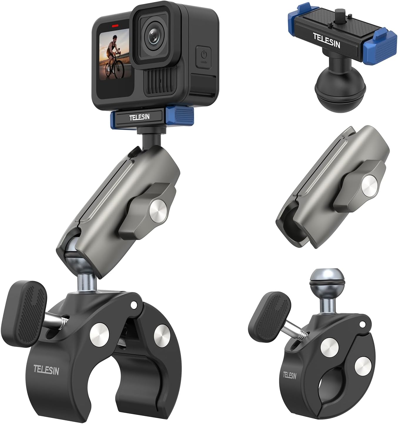 TELESIN Super Clamp Mount | Bike Handlebar Mount for Hero 13 | Power Suction Magnetic Design | 360° Rotation Ball Head | Fits 9-38mm Handlebar for Bike/Bicycle/Motorcycle
