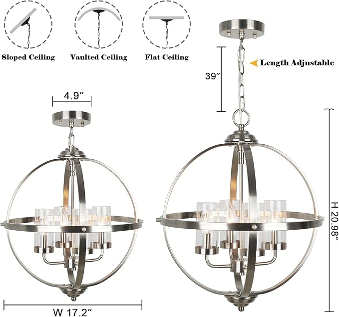 Treekee Chandelier Farmhouse Hanging Lighting, 4-Light Globe Orb Chandelier, Adjustable Modern Farmhouse Pendant Light Fixture for Dining Entryway Foyer, Brushed Nickel Finish