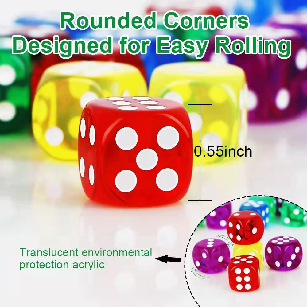 100 Pieces Colored Dice Set, Standard Bulk Colors Dices, Classroom Dice, Translucent 6 Sided Games Dice for Board Games, Parties, Classroom Math Games
