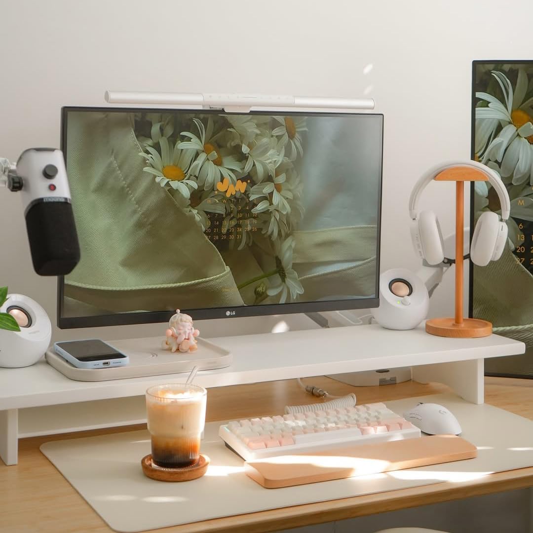 Bamboo Dual Monitor Stand Riser White, 2-Tier Desk Monitor Riser for 2 Monitors, Supports for PC Computer Monitor, Printer, Heavy TV Riser up to 300 lbs, White