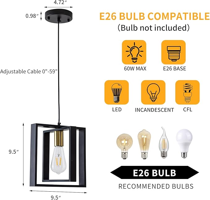 Black Farmhouse Pendant Light,1-Light Small Chandelier,Wood Dining Room Light Fixture with Adjustable Cord,Hanging Lights for Hallway, Kitchen Island, Foyer, Entryway