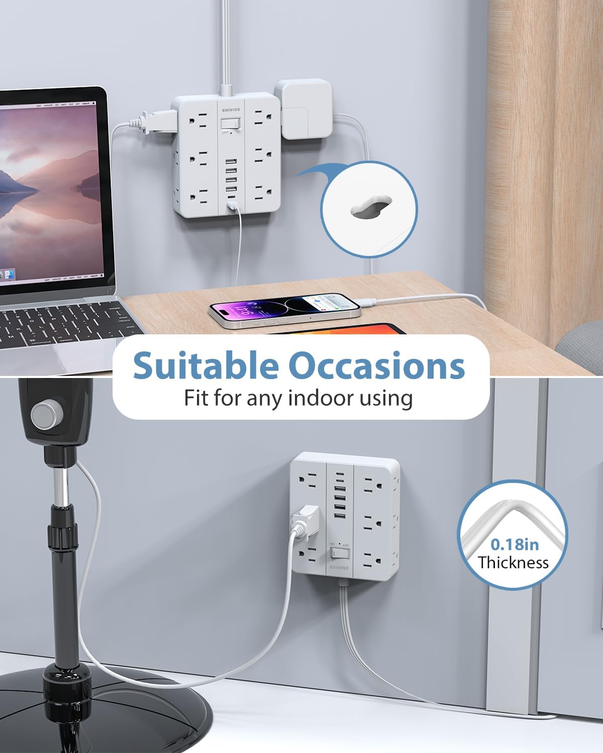 Power Strip Flat Plug with 12 Outlets 6 USB(2 USB C),SMNICE Surge Protector Charging Station with Overload Protection,5ft Extension Cord Widely Spaced Multiple Outlets for Home Office Dorm Essentials