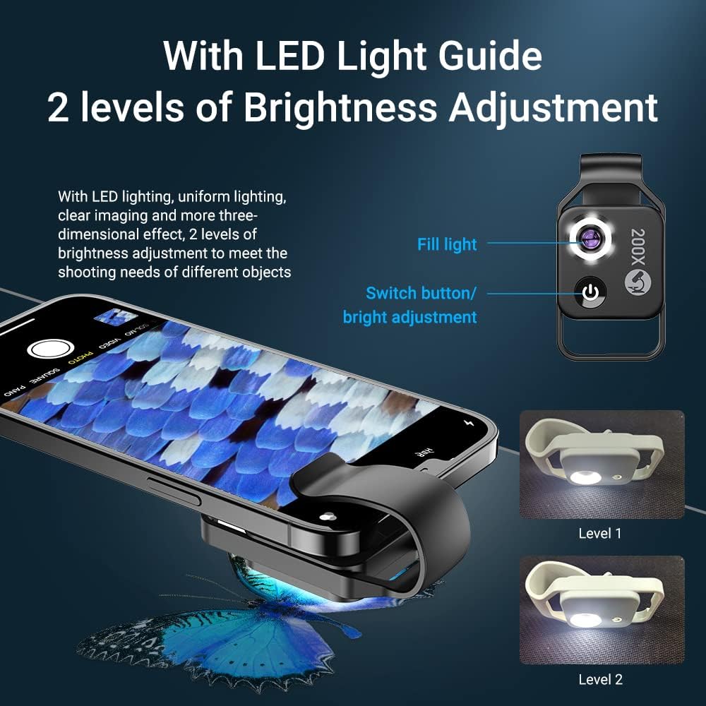 200X Magnification Microscope Lens withCPL Mobile LED Light Micro Pocket Macro Lenses for iPhone Samsung All Smartphones (White with CPL)