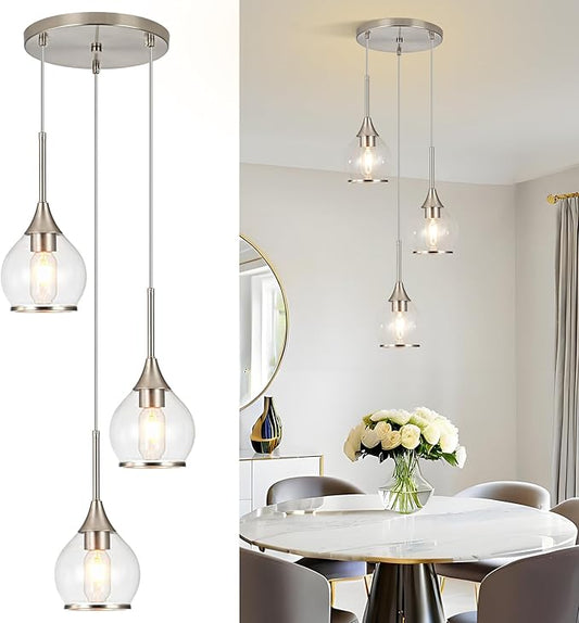 3-Light Island Light for Kitchen, Brushed Nickel Kitchen Island Hanging Pendant Light, Brushed Nickel Dining Room Light Fixture Over Table with Clear Round Glass Shade