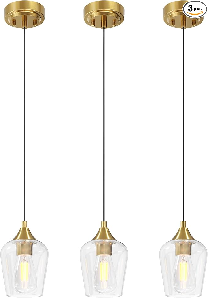 VONLUCE Pendant Lights Kitchen Island, Brushed Gold Pendant Light Fixtures with E26 Base & Adjustable Cable, Modern Pendant Lighting with Glass Shade for Living Room Bedroom Hallway, 3 Packs