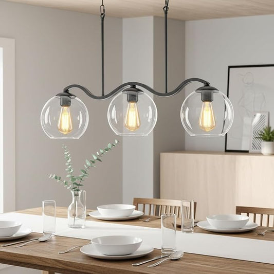 3-Light Black Pendant Light & Semi Flush Mount Ceiling Light, Industrial Farmhouse Linear Chandelier for Kitchen Island, Dining Room, Glass Globe Hanging Fixture