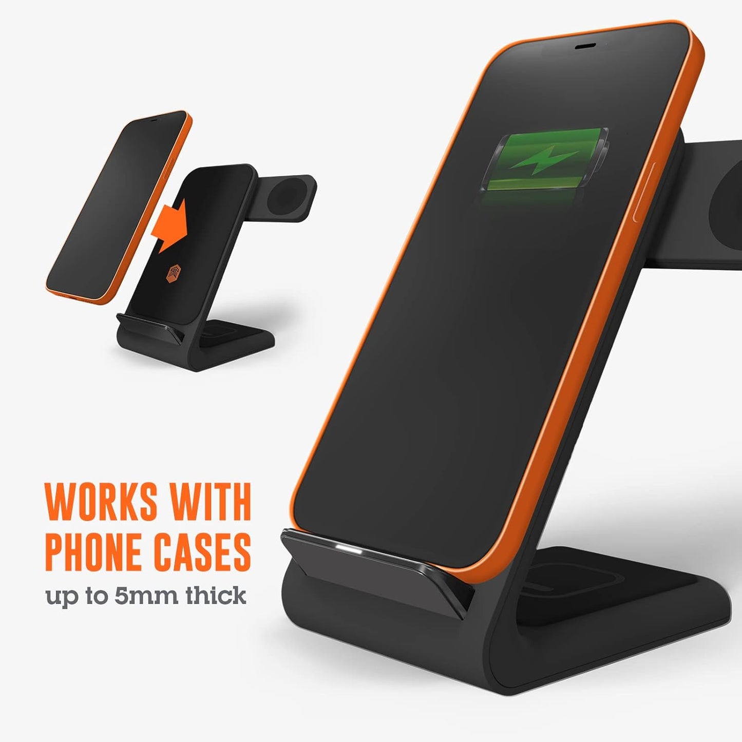 STM ChargeTree Swing 3-in-1 Wireless Charging Station for iPhone/Samsung/Android (15W/7.5W), AirPods (5W), Apple Watch (3W). Qi-Certified Stand- Black
