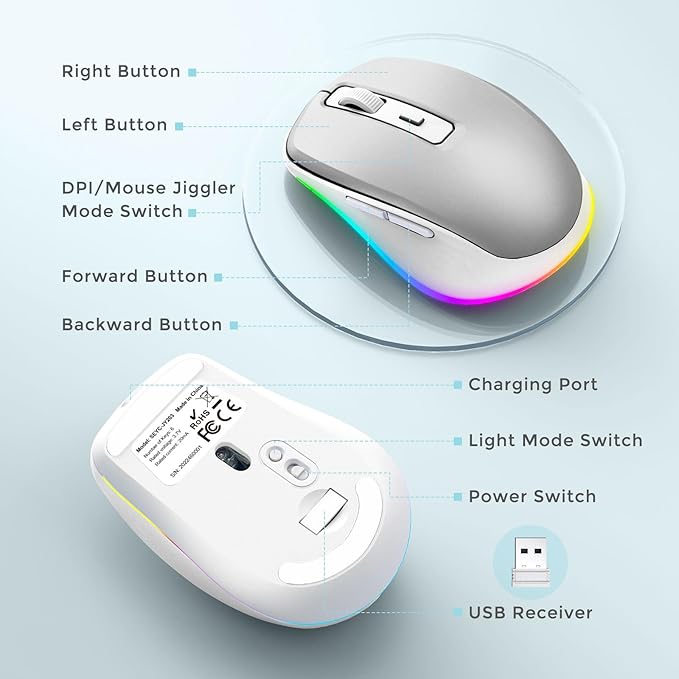 PEIOUS Wireless Mouse Jiggler - LED Wireless Mice with Build-in Mouse Mover, Rechargeable Moving Mouse for Laptop with Undetectable Random Movement Keeps Computers Awake - Silver