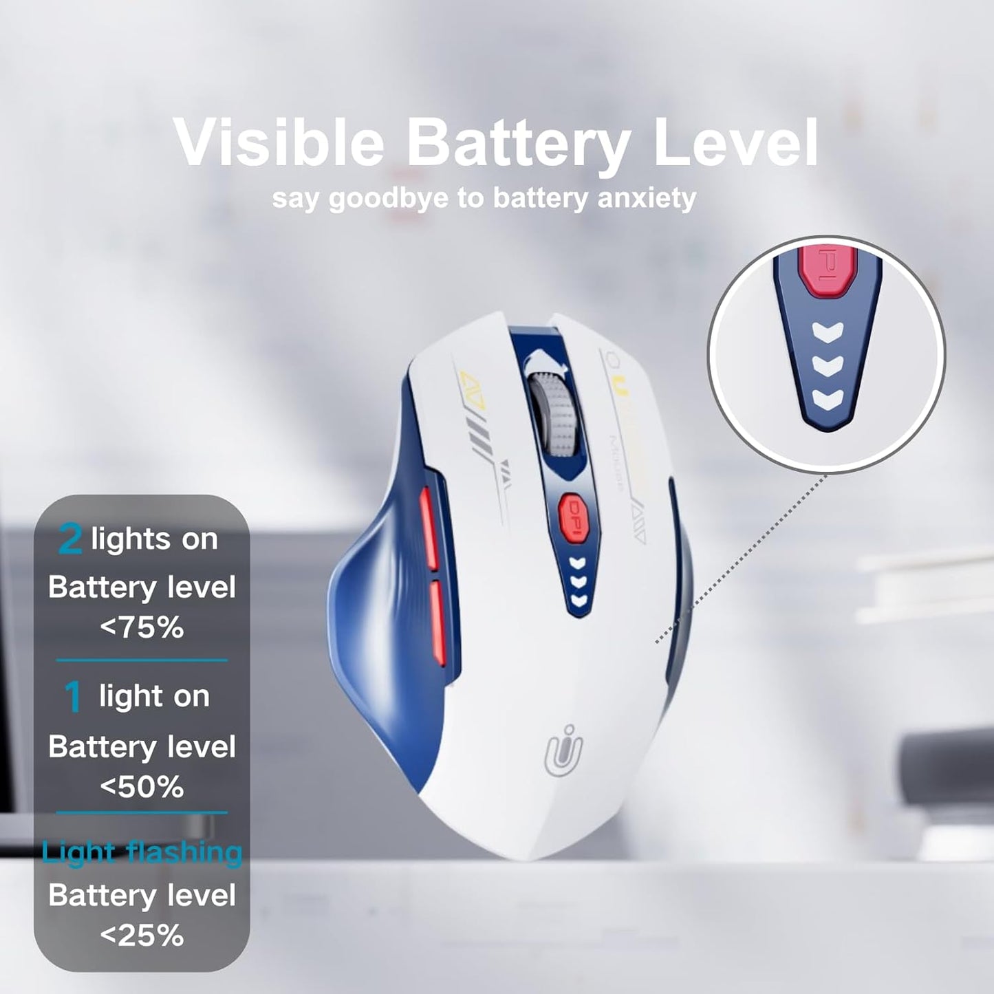 Bluetooth Mouse,[Upgraded] Multi-Device Wireless Mouse Rechargeable,Visible Battery Level,Tri-Mode (BT 5.0/4.0+2.4G Hz), 4 Adjustable DPI,Coldless Mice for Laptop and PC,Bluewhite